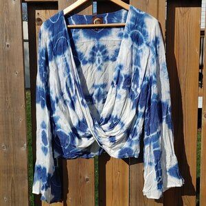 BEAUTIFUL Blu Moon Tie Dye Open Front Cross Over Blouse Flowy Arms Size …